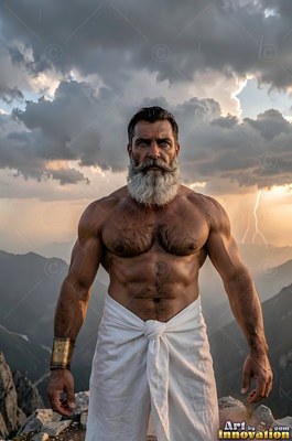 A strong man with a graying beard and white wrap stands on a mountain under storm clouds