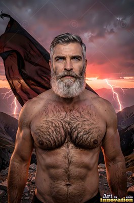 A shirtless full-bearded man stands on a mountain as pink sunset light cracks with lightning