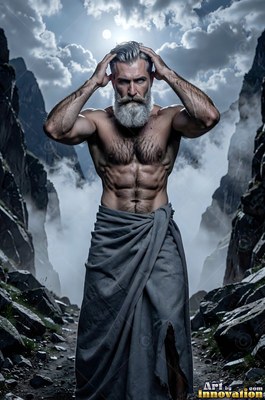 A strong man stands touching his head in a gray mountain pass