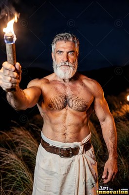 A broad-shouldered man with a white beard holds up a wooden torch at night