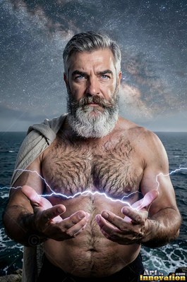 Under a starry sky by the sea, a full-bearded man holds lightning in his open hands