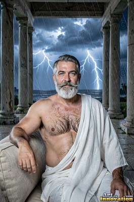 Sitting on a terrace, a silver-bearded man wearing a white robe rests before lightning