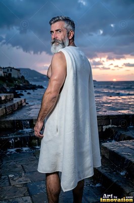 Man with a beard wearing a white robe standing by the sea at sunset