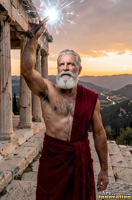 Draped in a deep red robe, a silver-man sporting a beard raises a spark of bright light near stone ruins at sunset