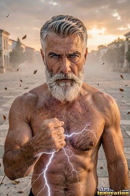 A bare-chested man clenches his fist as white lightning crackles across his chest