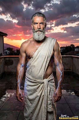 Standing on a wet rooftop terrace, an older man in a toga holds blue lightning on his arms