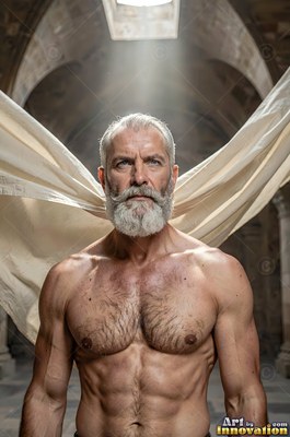 A shirtless older man stands under a beam of sunlight with white cloth blowing behind him
