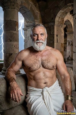 On a stone terrace before lightning, a bare-chested man sits with a white beard