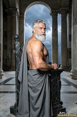 Sitting on a stone throne, a bearded man with a bare chest looks back in a gray robe