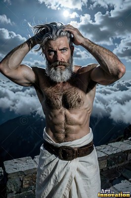 Shirtless man with a graying beard touching his hair above clouds