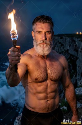 White beard framing his jaw, a bare-chested man holds a flaming torch on a dark cliff