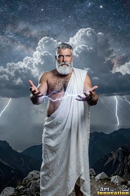 A full-bearded man draped in a white robe holds lightning in his hands under a dark starry sky