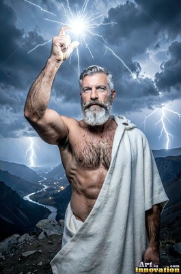 Facing forward on a mountain, an older bearded man holds lightning above his head