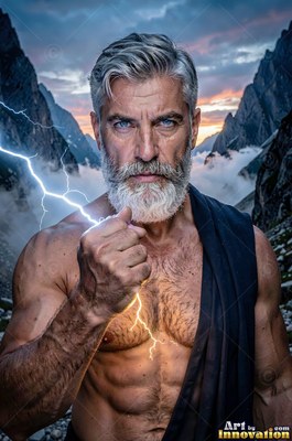 A bearded older man holding white lightning in his fist in the mountains