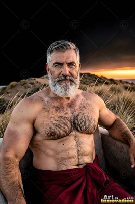 On a grassy hill at sunset, a bare-chested man with a gray beard rests in a chair