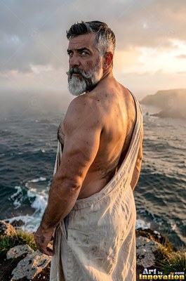 Standing by the sea at dusk, a bare-backed man with a silver beard looks behind him