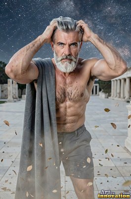 A bearded man grips his silver hair under a dark starry sky