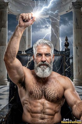On a stone terrace, an unclothed-torso man with a gray beard holds lightning in his raised fist