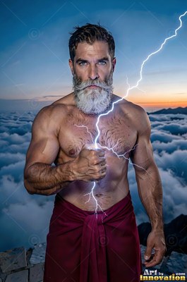 Clutching a lightning bolt, a bearded shirtless man stands above clouds