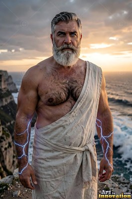 Bearded man in a tunic with blue lightning on his arms by the sea