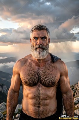 A thick pale gray beard frames the muscular, bare-chested man standing high on a cloudy mountain peak