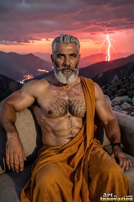 A well-built man sporting a beard sits outdoors as lightning flashes against a red evening sky