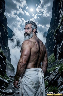 Facing away in a rocky canyon, a well-built man with a gray beard looks back