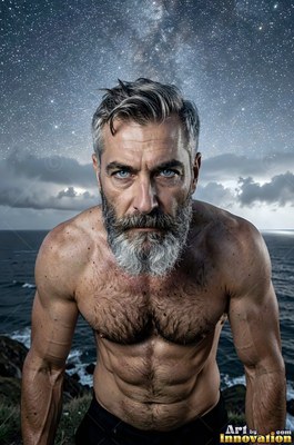 Under a starry night sky, a shirtless man with a silver beard leans forward