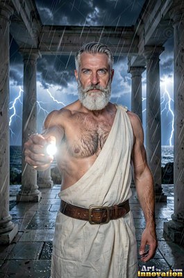 Holding a bright light, a man with a beard wearing a white robe stands in the rain by stone columns