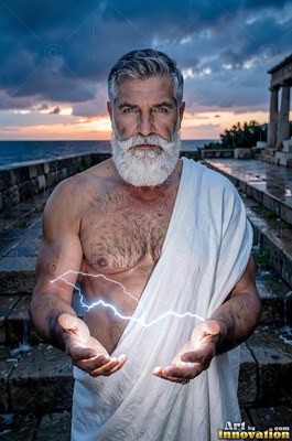 Bearded man wrapped in a white robe holds lightning in his hands