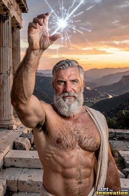 A muscular man with a graying beard holds a spark of lightning on an ancient terrace at sunset