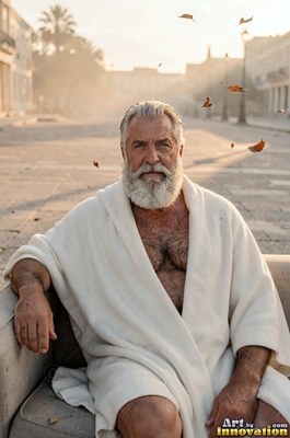 A bearded man sits in a white robe outside under hazy golden sunlight