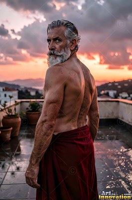 Looking back from a rooftop terrace, a shirtless bearded man stands at sunset