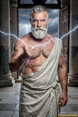 An athletic man in a beige toga holds white lightning in his fist in an open doorway