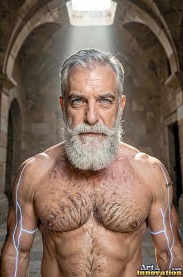 In a stone archway, a shirtless gray-bearded man with blue lightning on his arms