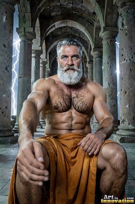 Sitting under stone arches, a well-built man with a white beard rests his hands on yellow cloth
