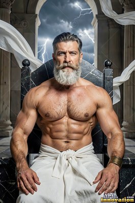 Muscular bearded man seated on a stone throne before storm clouds