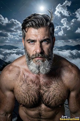 A silver beard marks the bare-chested athletic man standing high over clouds under moonlight
