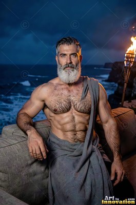 A muscular man with a white beard sits draped in a gray cloth under a dark blue sky
