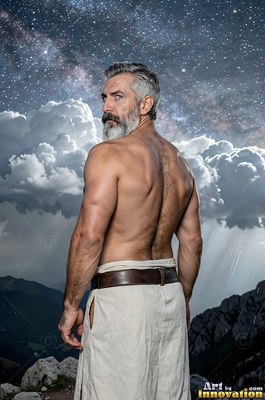 Seen from behind on a mountain, a shirtless man looks back under a starry sky