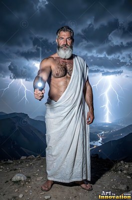 A full-bearded man draped in a white robe points forward on a dark mountain during a lightning storm