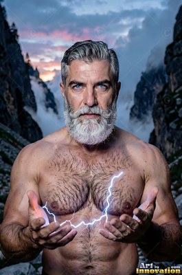 In a rocky mountain pass, a bare-chested man with a gray beard holds lightning in his hands