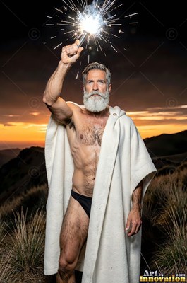 Holding a sparkler overhead, a bearded man wearing a white cloak stands on a hill at sunset