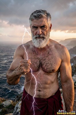 A bare-chested older man holds a streak of lightning by the sea