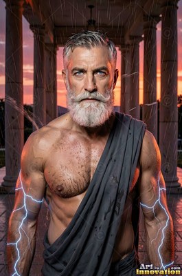 With a full silver beard, a muscular man stands between stone columns in the rain