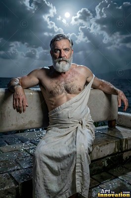 A bearded man sits on a stone bench in a linen robe beneath pale moonlight