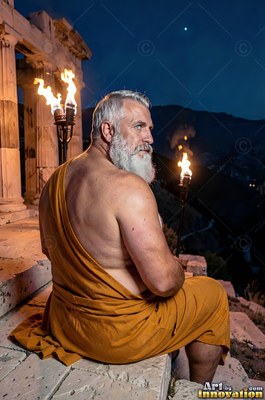Seated with his back turned, a man sporting a beard in yellow sits on stone steps at night