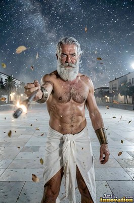 A bare-chested man with a silver beard points a torch under a starry sky outdoors