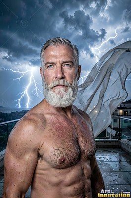 On a rainy balcony, a shirtless man with a white beard stands in front of lightning