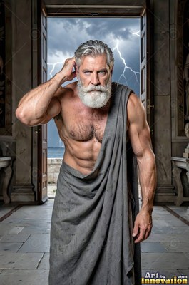 Standing in a stone doorway, a muscular bearded man wears a gray drape before lightning storms